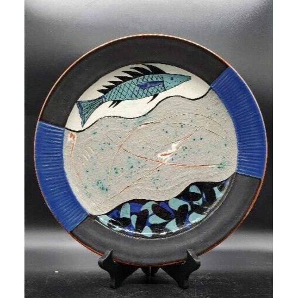 Hand Studio Art Pottery Redware Decorative Plate Blackwater Green Fish 11.75"
